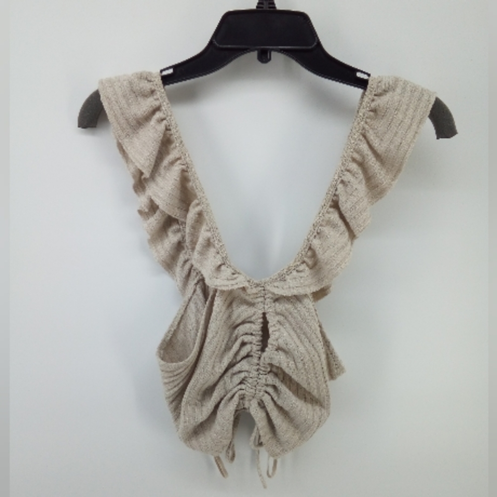 Zara Trafaluc Ruffle Nude Tan Rushed Ribbed Crop Top Large - Picture 8 of 9